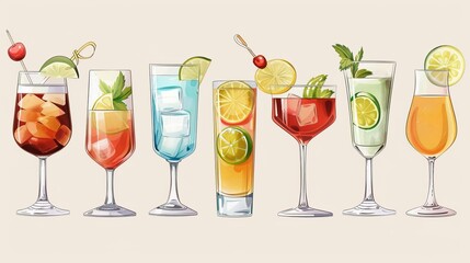 Set of cocktails. An illustration of classical drinks in different types of glasses. Vector illustration of summer cocktails. Banner with soft and alcohol drinks. 
