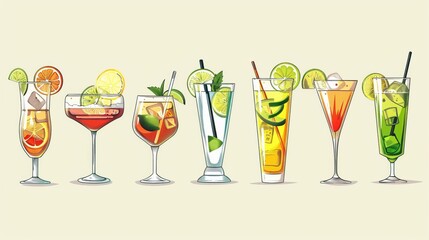 Set of cocktails. An illustration of classical drinks in different types of glasses. Vector illustration of summer cocktails. Banner with soft and alcohol drinks. 