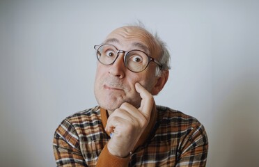 mature man worried, elderly man in glasses thinking - obrazy, fototapety, plakaty