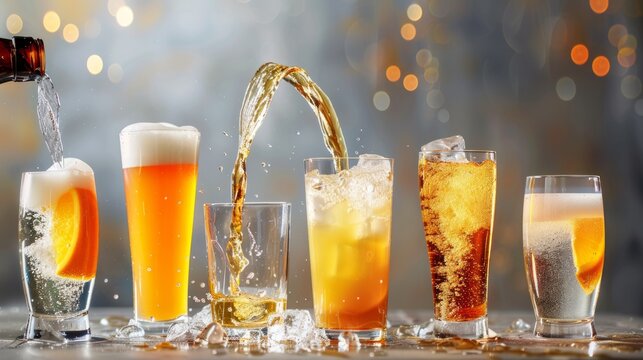 Pouring drinks into glasses photo collection: soft drink can, beer, wine, water, orange juice and milk