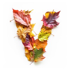 Colorful Autumn Alphabet - Vibrant Fall Foliage Shaped as Letter V on a Pristine White Backdrop
