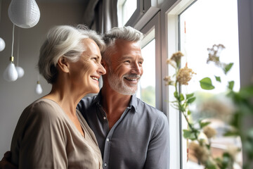 Dreamy middle aged senior loving retired family couple looking in distance, planning common future or recollecting memories, enjoying peaceful moment relaxing together by the window in living room - obrazy, fototapety, plakaty