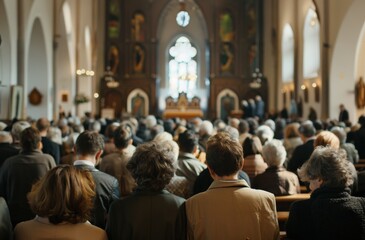 people at the church, large crowd - obrazy, fototapety, plakaty