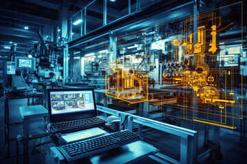 Industry 4.0. Operator control process of production uses computer screens with SCADA system