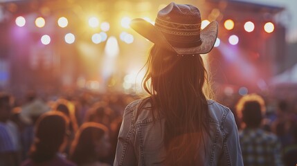 Fototapeta premium Young woman with cowboy hat attend to Country Music Concert