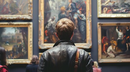 Fototapeta na wymiar Rear View Person Looking at Renaissance Painting At Exhibition Art Gallery