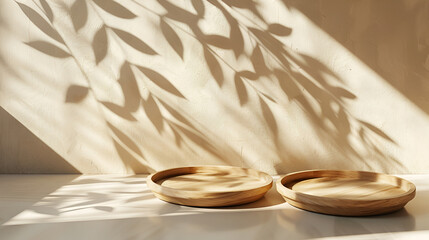 two wooden round tray podiums in sunlight leaf shadow