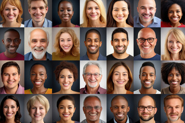 Many happy diverse ethnicity different young and old people group headshots in collage mosaic collection. Lot of smiling multicultural faces looking at camera. Human resource society database concept.