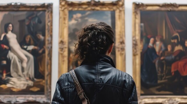 Rear View Person Looking at Renaissance Painting At Exhibition Art Gallery