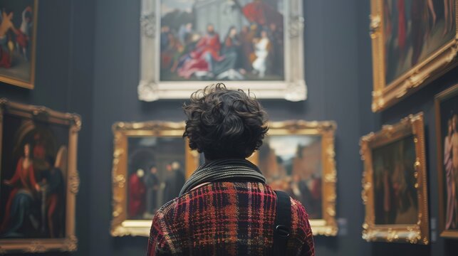Rear View Person Looking at Renaissance Painting At Exhibition Art Gallery