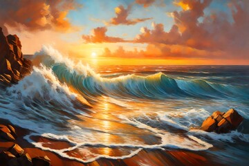 Sea wave on the beach at sunset time, sun rays, painting by oil on canvas.