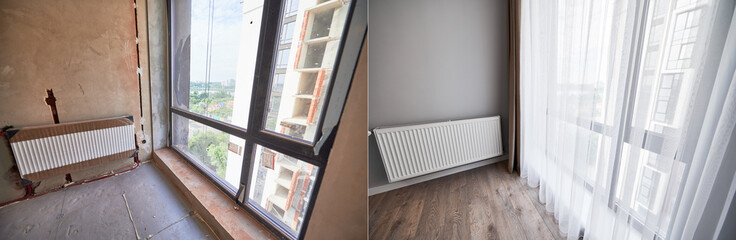 Comparison of apartment flat before and after restoration or refurbishment. Photo collage of old...