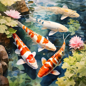 Beautiful Colorful Koi Fish Drawn in Watercolor in a Crystal Clear Lake.
