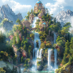 A fairytale palace in the mountains with a waterfall, trees, and clouds, AI generated