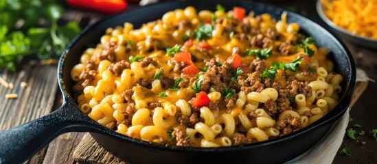 Make a large homemade cheeseburger macaroni in a skillet by seasoning and browning the ground beef.