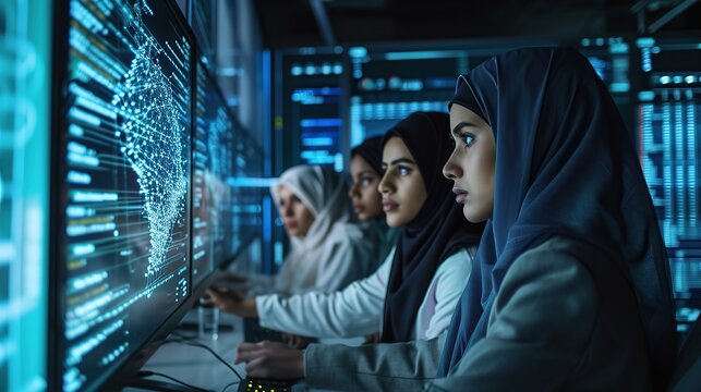 Team of Talented Young Middle Eastern Professionals Working in a Technological Research and Development Agency. Computer Screens with Software Code and Technical Neural Network Diagrams.