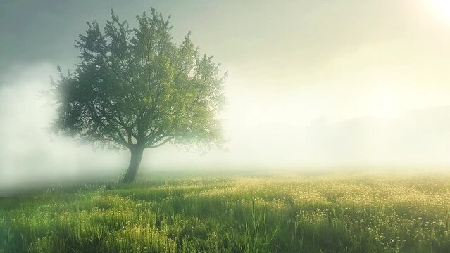 beautiful summer morning landscape misty environment. seamless looping overlay 4k virtual video animation background