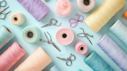 Various pastel colored fabric rolls surrounded by sewing tools. copy space for text. - obrazy, fototapety, plakaty