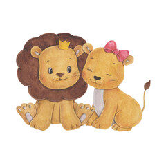 Cute lovesick lion cubs a boy and a girl with a bow. Watercolor illustration is suitable for decorating birthdays, holidays, postcards, invitations, etc.