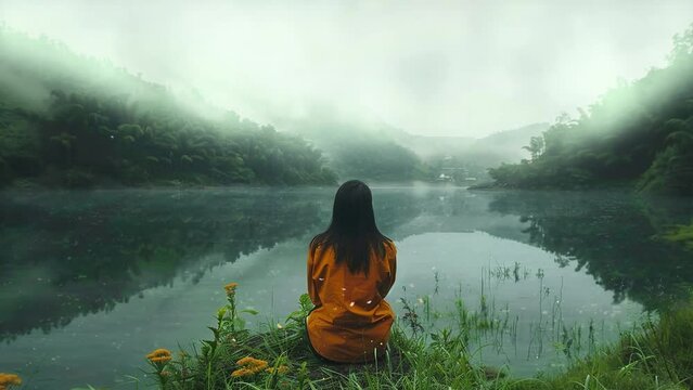 a woman sitting down and looking up reflecting on the lake . seamless looping overlay 4k virtual video animation background