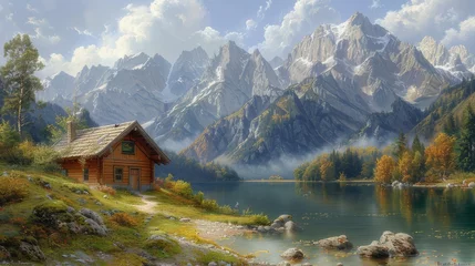 Fototapete Illustration of a mountain landscape with a small hut by a lake © senadesign