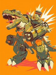 Dinosaur Robot Fight in Anime Style Illustration