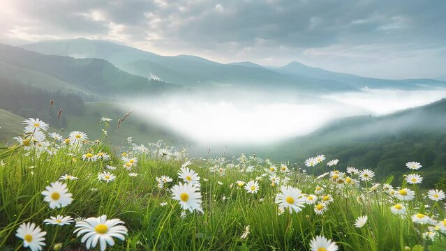 foggy summer with blooming white flowers in a meadow. seamless looping overlay 4k virtual video animation background