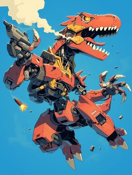 Dinosaur Trex Robot Fight in Anime Style Illustration
