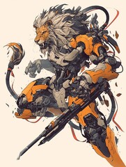 Lion Robot In Fight Pose Anime Style Illustration