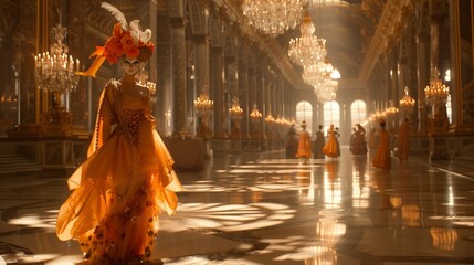 Fototapeta premium Within a grand ballroom bathed in the warm glow of crystal chandeliers, an enigmatic figure elegantly glides across the polished marble floor.
