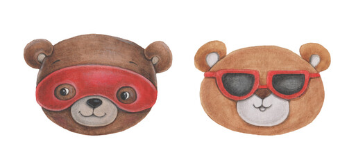 Fototapeta premium A set of cute bears' faces. Watercolor illustration is suitable for decorating birthdays, holidays, postcards, invitations, etc.