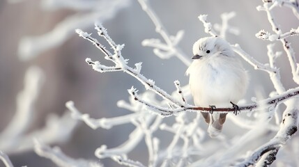 Little cute fluffy white bird in hoarfrost on a branch under the snow in the Christmas park. Bird as a symbol of Christmas and New Year.