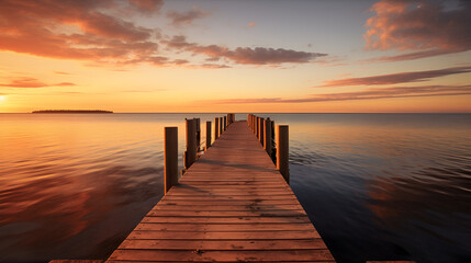 Fototapeta na wymiar a wooden bridge over the water looking scenic sunset time wooden beauty background