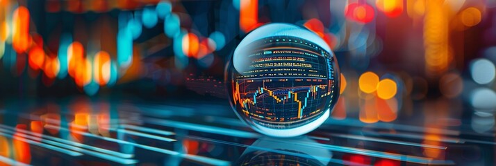 A close up of a crystal ball on a table reflecting stock market charts and financial symbols predicting the future of finance - obrazy, fototapety, plakaty