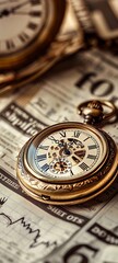 A detailed close up of a vintage pocket watch lying atop financial newspapers with stock charts in the background evoking the timeless nature of investing