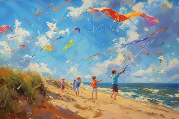  Joyful children flying colorful kites on a sunny beach with blue skies and fluffy clouds