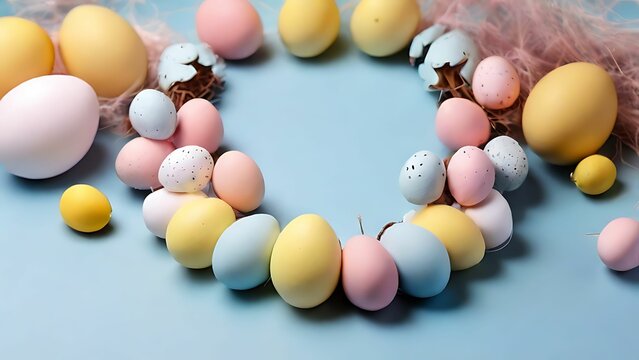Colored eggs on the blue background for easter decoration