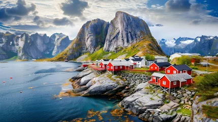 Fotobehang Reinefjorden Lofoten islands landscape with tipical red houses, Norway