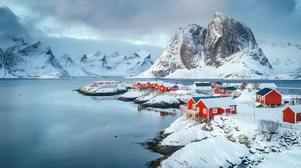 Foto op Plexiglas Reinefjorden Lofoten islands landscape with tipical red houses, Norway