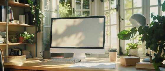 A serene home office where a freelancer manages a successful online business meticulously organizing digital finances on a sleek modern computer