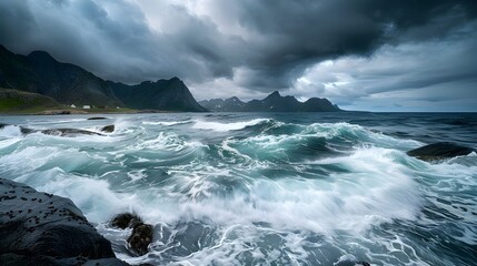 Fototapeta premium Lofoten, Norway. The beautiful dramatic waves sea view and cloudy sky in Lofoten. 