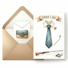 Father's Day card and envelope. watercolor illustration, Happy father's day celebration card illustration.  isolated on white background.