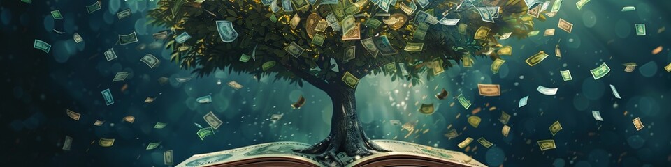 A surreal illustration of a giant tree whose leaves are various currencies from around the world growing out of a book on economics symbolizing financial growth and knowledge - obrazy, fototapety, plakaty