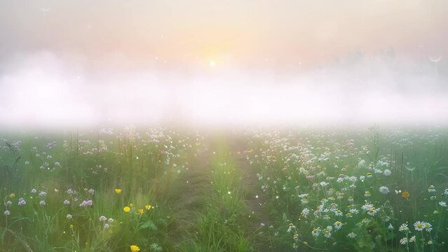 nature background with path in a foggy field with blooming different wildflowers. seamless looping overlay 4k virtual video animation background