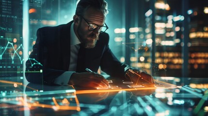 An executive analyzing complex financial charts glowing lines mapping out future investments under soft office lighting