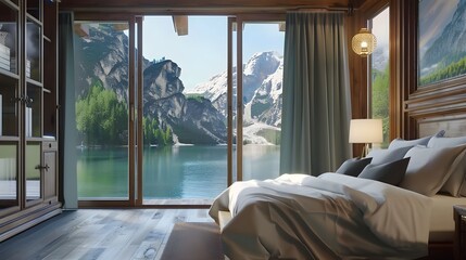 luxury interior hotel room with wooden house, lake view, tree