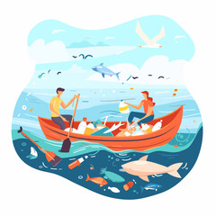 Concept of Pollution Sea full of Garbage, People Collecting Trash, Flat Design Style