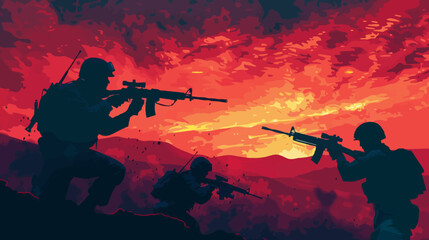 Silhouette Illustration Soldiers Firing Gun - obrazy, fototapety, plakaty