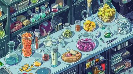 whimsical illustration of a laboratory, where the usual scientific paraphernalia is replaced with a variety of food items