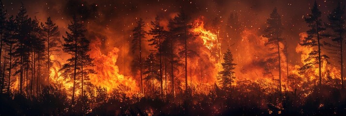 Large flames of forest fire - obrazy, fototapety, plakaty